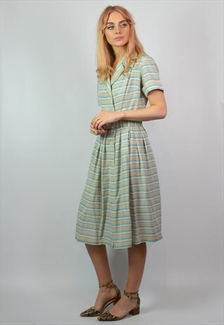 VINTAGE 50S PASTEL GREEN, WHITE & BEIGE STRIPE SUMMER DRESS