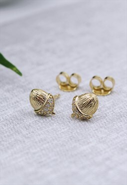 Small Gold plated & cubic zirconia Acorn Stud Earrings