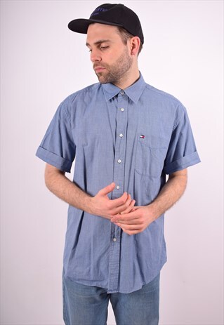 TOMMY HILFIGER MENS VINTAGE SHIRT LARGE BLUE 90S