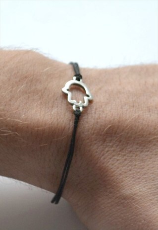 MEN'S BRACELET, SILVER HAMSA CHARM, BLACK CORD, GIFT FOR HIM