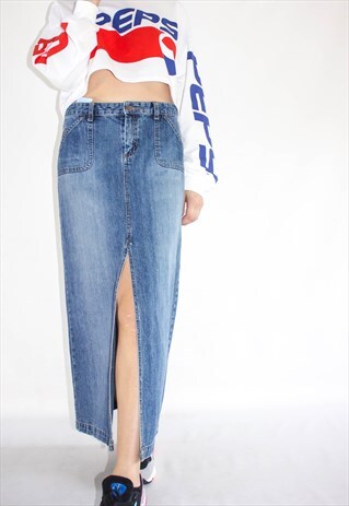VINTAGE HIGH WAIST DENIM MAXI SLIT SKIRT