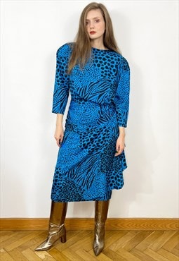 1980's Louis FERAUD Dress, Blue Animal print 80s party dress