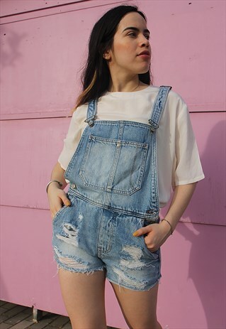 Light Wash Blue Distressed Denim Dungaree Overall Shorts
