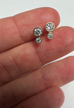 Real 9ct Yellow Gold Double CZ Stud Earrings