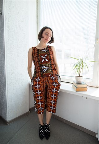 VINTAGE 80'S BROWN PATTERNED SHORTS AND TOP CO-ORDINATE