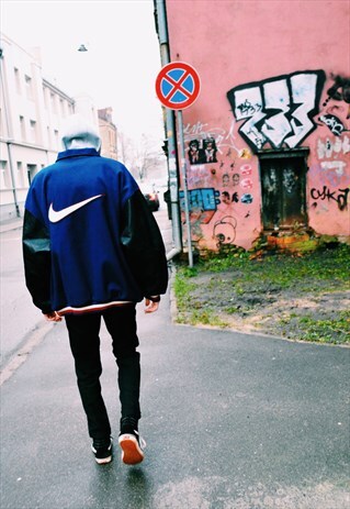 RARE VINTAGE 90S BLUE BLACK WOOL LEATHER NIKE BOMBER JACKET
