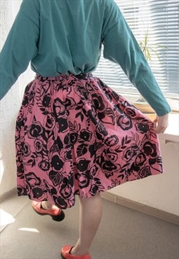 Vintage 70's Pink Patterned Cotton High Waisted Midi Skirt