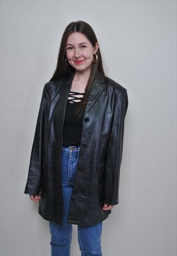 Vintage black leather jacket, 90s women leather trench