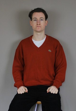 VINTAGE LACOSTE V NECK WOOL MARK SWEATSHIRT IN BURGUNDY RED