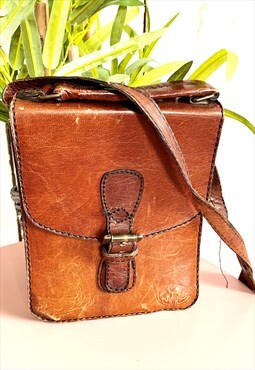 Vintage Brown Leather Distressed Satchel 70's Bag