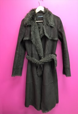 Vintage 00s Afghan Coat Dark Brown Faux Fur Belted 