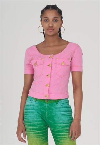 VINTAGE 90S RARE Y2K MOSCHINO NEON PINK DENIM TOP