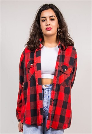 90'S VINTAGE RED CHECK OVERSIZE BOYFRIEND FLANNEL SHIRT