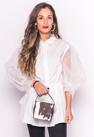 PEPLUM SHIRT WITH ORGANZA SLEEVES IN WHITE