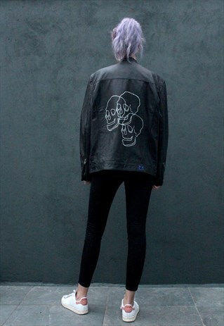 HAND PAINTED UNISEX THREE SKULLS LEATHER JACKET