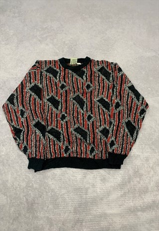 VINTAGE KNITTED JUMPER ABSTRACT PATTERNED GRANDAD SWEATER