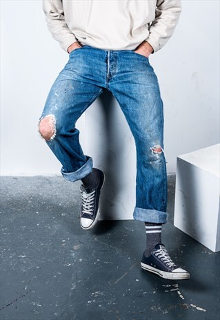 VINTAGE LEVI'S 501 JEANS IN BLUE DENIM RIPS AND PAINT MARKS