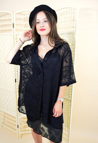 90'S VINTAGE BOHO SHEER SHIRT IN BLACK