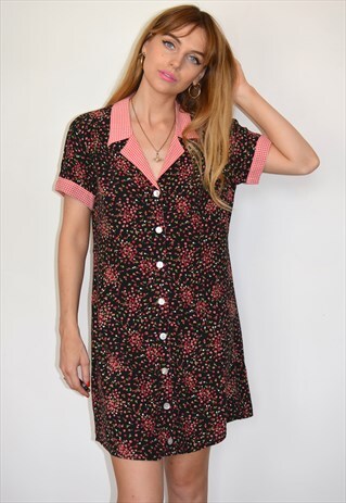 VINTAGE BLACK & RED FLORAL BUTTON THROUGH MINI DRESS