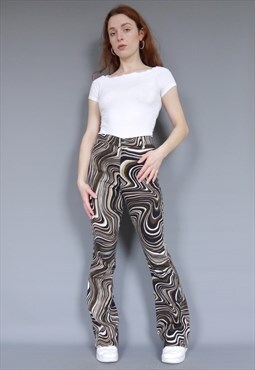 MOTEL brown abstract marble print 70s flared trousers 