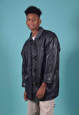 VINTAGE BURBERRY'S BLACK LEATHER DUFFLE STYLE COAT