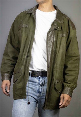 VINTAGE 90S LEATHER WARM JACKET IN GREEN - L