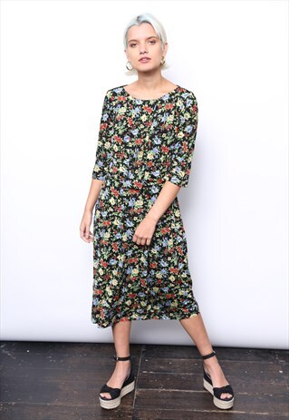VINTAGE 80S DARK FLORAL PRINT MIDI DRESS
