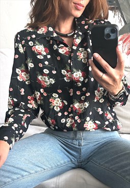 80s Black Floral Blouse - M - L 