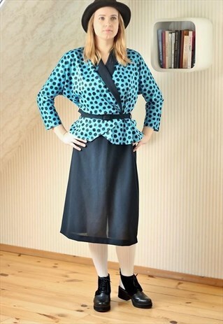 BLUE AND BLACK DOTS BELTED VINTAGE DRESS