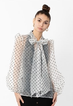 White color Oversized Organza shirt in polka dot print with 