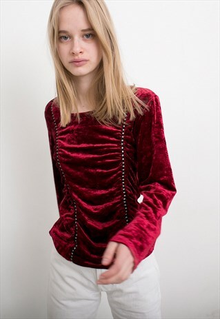 VINTAGE TOP VELVET RED DIAMOND DETAIL ELEGANT WOMENSWEAR 80S