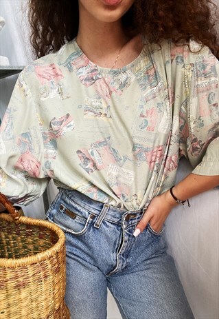 VINTAGE 80S ANTIQUE FRENCH POSTCARD PRINT BOHEME BLOUSE TOP