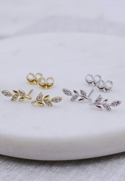Silver or Yellow Gold vermeil Stone Set Leaf Stud Earrings