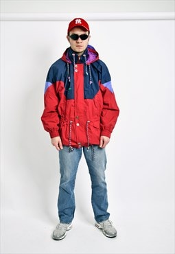 80s vintage hooded rain jacket men red colour block 90s coat