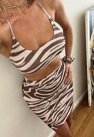 HALTER CROP TOP & MINI SKIRT IN BROWN AND CREAM SWIRL