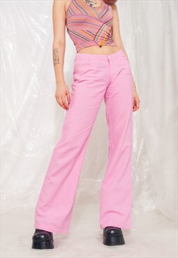 Vintage Flare Trousers Y2K Butterfly Pants in Pink Linen