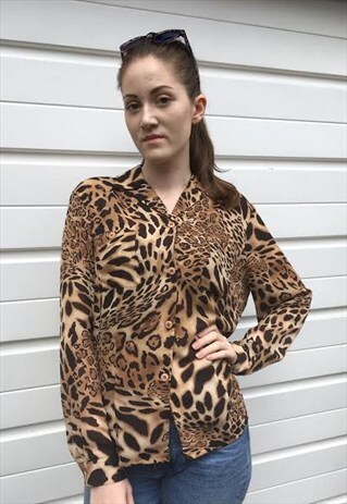 WOMENS VINTAGE SEMI SHEER LEOPARD PRINT BUTTON UP BLOUSE TOP
