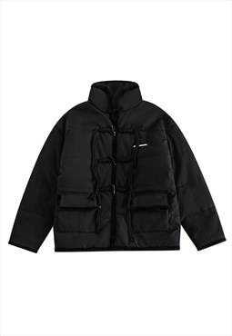 Japanese style bomber tassels puffer utility jacket in black