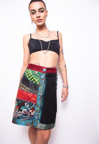 VINTAGE 90S PATCHWORK HIGH WAIST SKIRT ID:8068