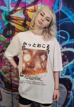 Grunge graffiti print tee Korean slogan t-shirt in white