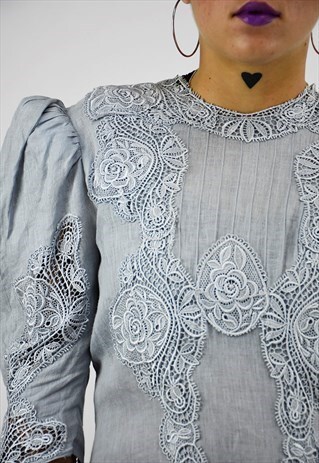 80S GREY VICTORIANA EMBROIDERED LACE EVENING FORMAL DRESS