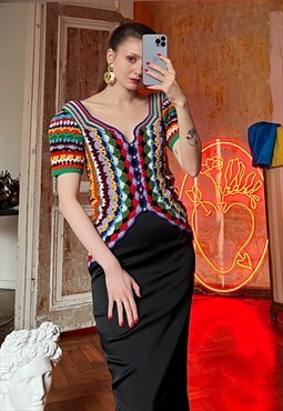 Vintage Short Sleeve Colorful Crochet Cardigan