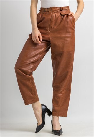 High Waisted Brown Leather Woman Pants size 38 5968