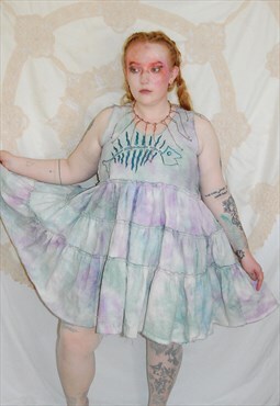Tie Dye Tiered Mini Dress Embroidered Fish Size L/XL