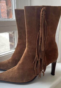 Vintage Y2K 00s Western Boots High Heeled Tassel Boots UK 4