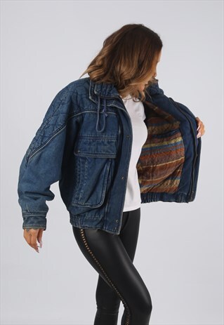 VINTAGE DENIM BOMBER JACKET PRINT LINED UK 12 MEDIUM (RBP)
