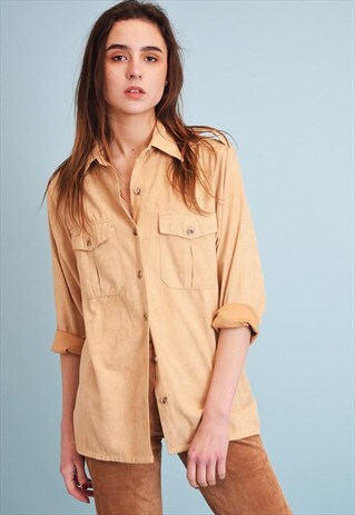 90'S RETRO FAUX SUEDE BEIGE MINIMALIST SAFARI SHIRT