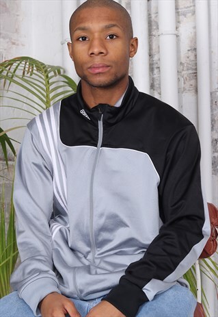 VINTAGE ADIDAS LOGO THREE STRIPE TRACK JACKET SILVER BLACK