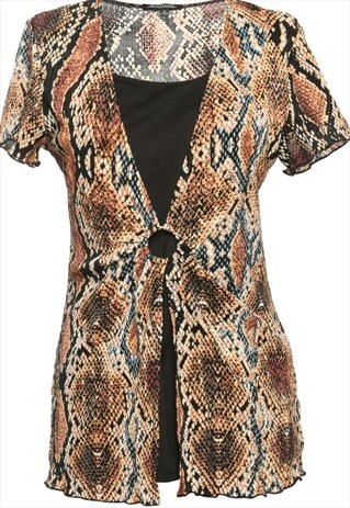VINTAGE ANIMAL PRINT BROWN NOTATIONS BLOUSE - M