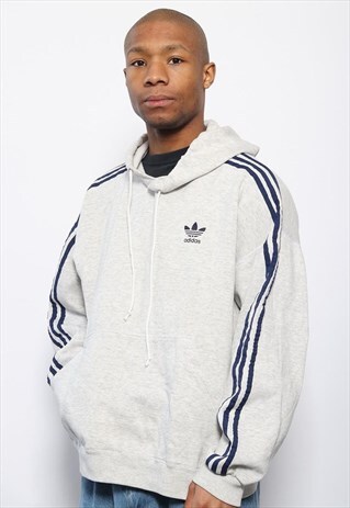 VINTAGE ADIDAS LOGO 3 STRIPE HOODIE GREY